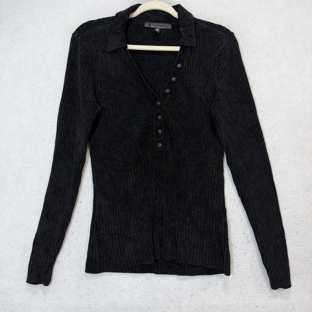 White House Black Market Sweater Womens Large Black Collared Button Ribbed Knit